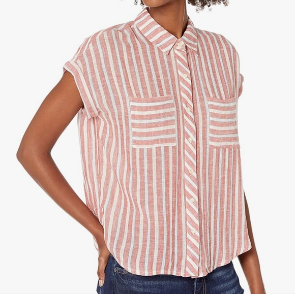 Lucky Brand XS Red and White Striped Button Down Shirt with Tie Back - Picture 1 of 10